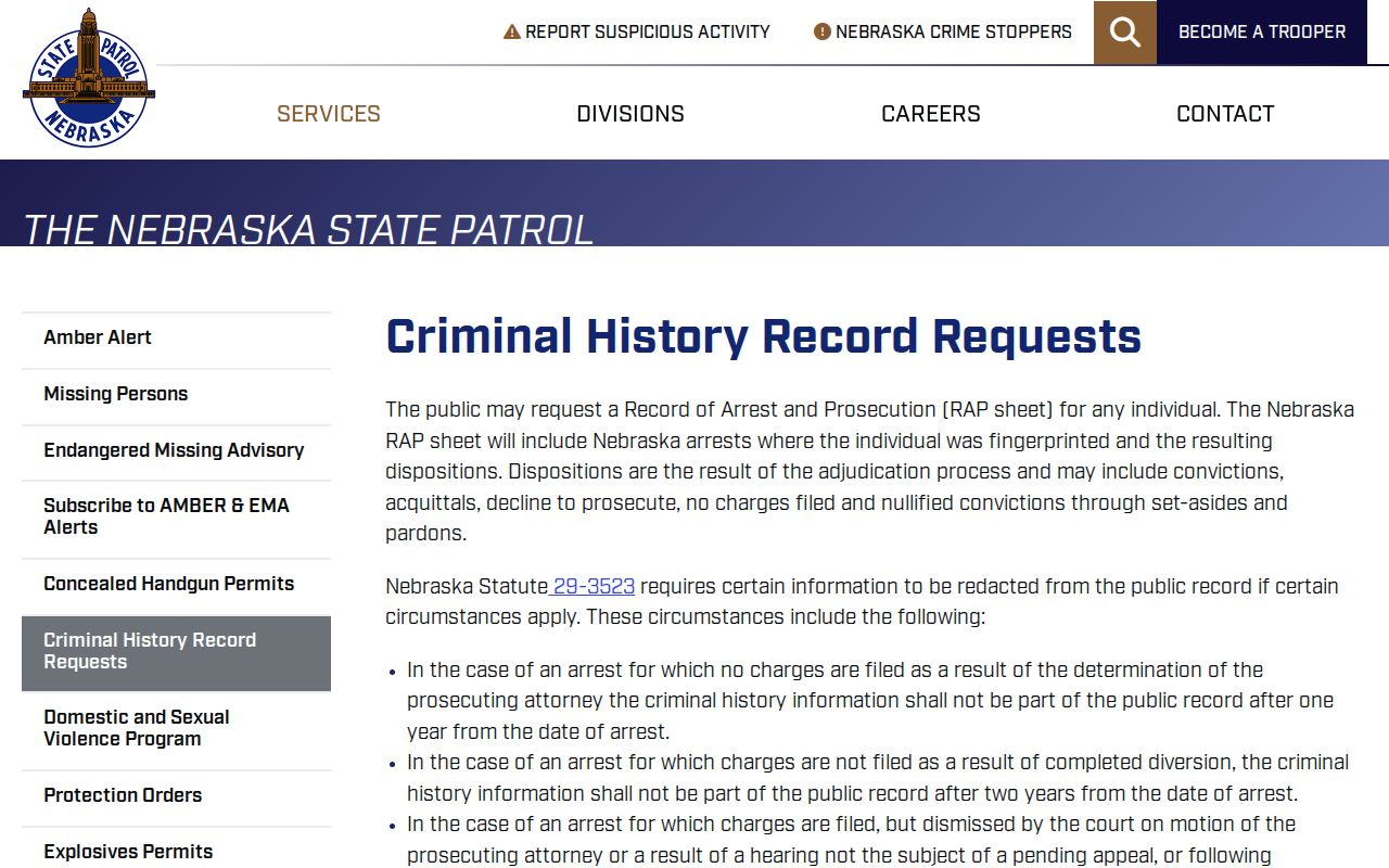 York County arrest history request through Nebraska State Patrol RAP service
